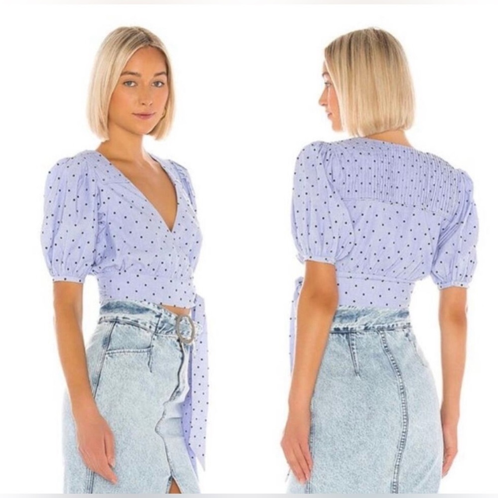 Tularosa Capri Polka Dot Puff Sleeve Wrap Crop Top, Size S